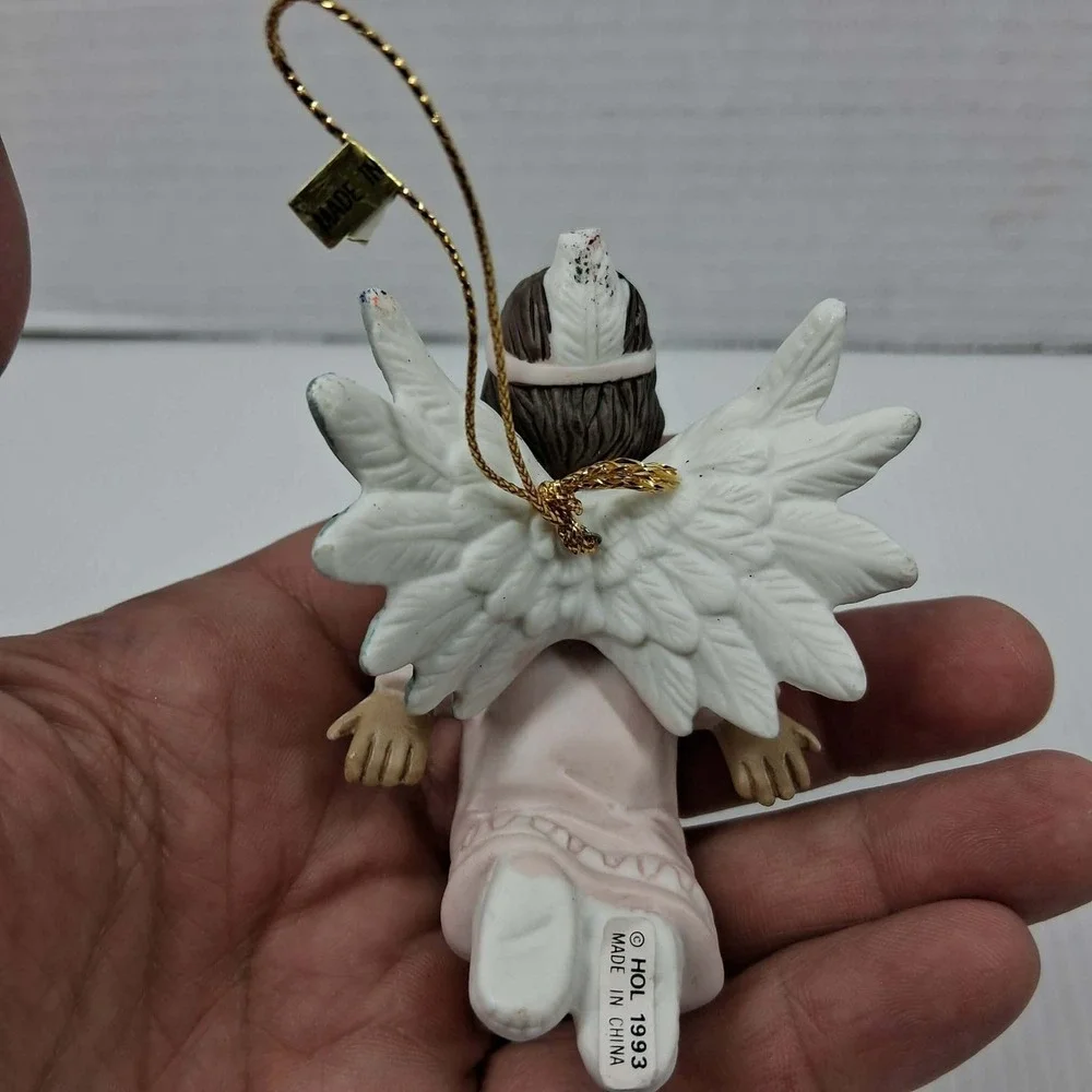 Vintage 1993 HOL Ceramic Angel Christmas Ornament Pink Gown Cherub Kneeling 3